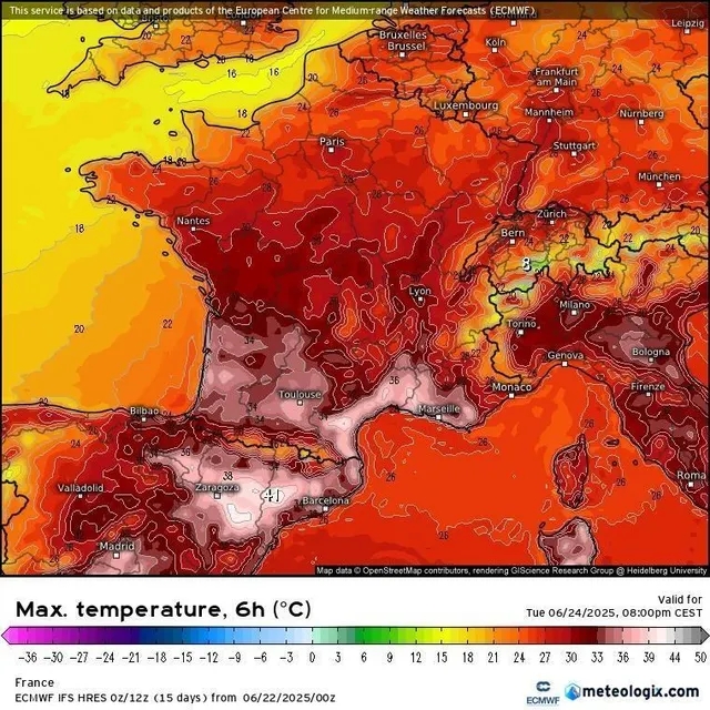 photo les températures maximales attendues mardi après-midi, selon le modèle européen de prévisions.  ©  meteologix