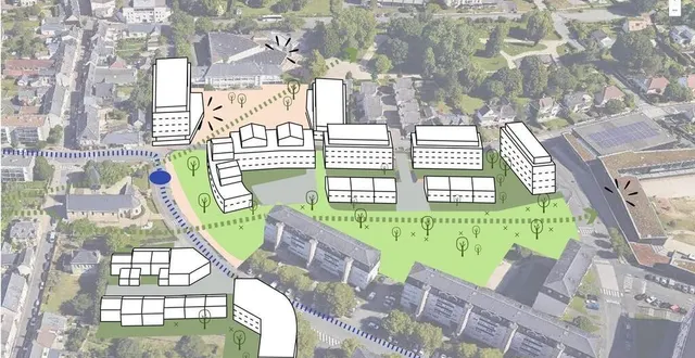photo  l’aménagement du cœur de ville de coulaines a été présenté au public. cette illustration représente un aperçu sommaire des volumes des futures constructions et du projet.  &copy;  le mans métropole 