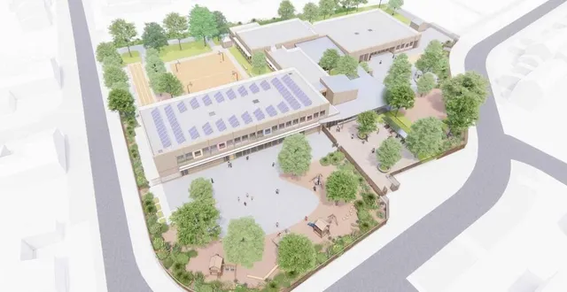 photo  une vue aérienne du pôle scolaire paul-langevin, à allonnes, dont les travaux débuteront à la fin de l’été 2025.  &copy;  cénovia 