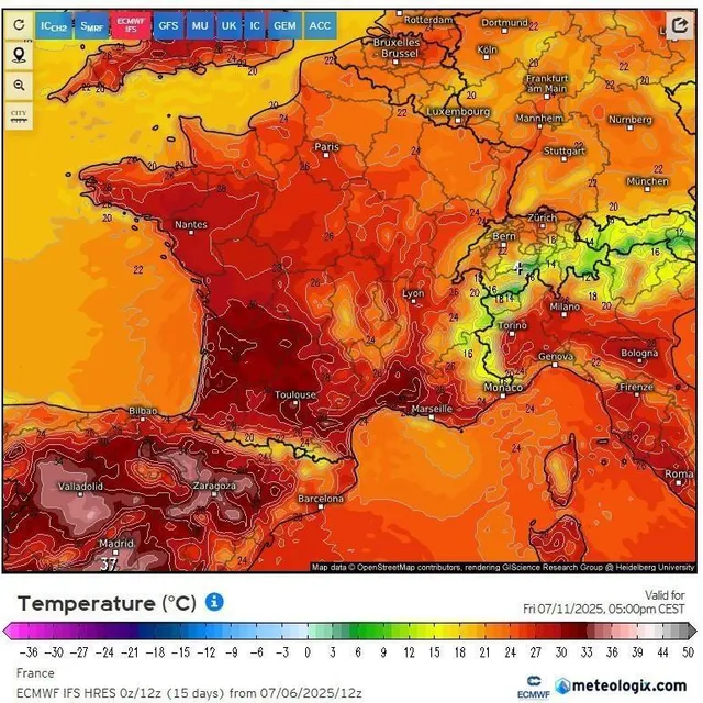 photo les températures prévues vendredi à 17 h selon le modèle de prévisions ecmwf.  ©  capture d’écran météologix