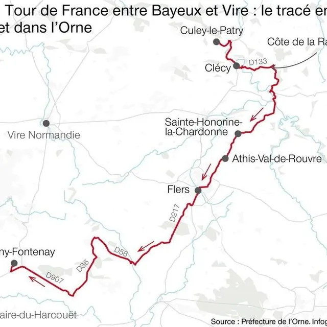 photo le tour de france passera en suisse normande, dans l'orne, et dans la manche le 10 juillet 2025.  ©  infographie ouest-france