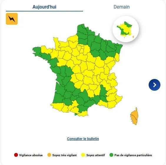 photo plusieurs départements de france se trouvent en vigilance jaune pour les orages.  ©  capture d’écran : météo france