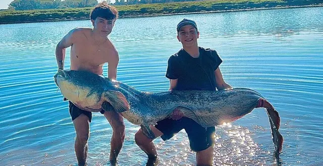 photo  bouchemaine, dimanche 13 juillet 2025. camille, 18 ans et louis, 16 ans, ont sorti un silure de 2,45 mètres de la maine.  &copy;  document remis 