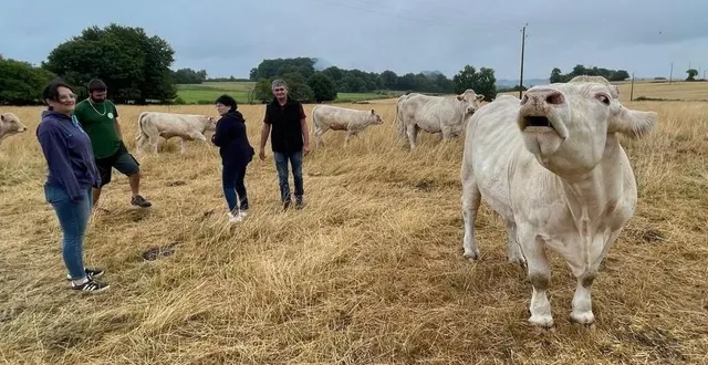 photo  eric et françoise guilvard avec aurélien plessis, élise villaines et la mascotte myrtille, ce lundi 7 juillet 2025 à villaines-sous-malicorne.  &copy;  le maine libre 