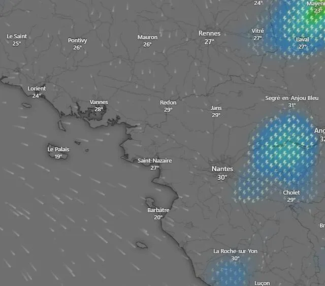 photo les prévisions météo (orage et pluies) à 17 heures le vendredi 18 juillet 2025.  ©  windy / ecmwf