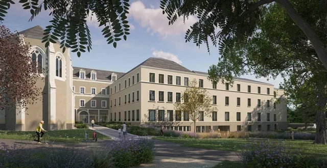 photo  une image synthèse de l’ehpad saint-charles avec la future entrée (au centre) et l’extension (à droite) liée à l’aile ouest du bâtiment existant. l’établissement passera de 82 à 132 places en 2029.  &copy;  mûrisserie (architecte) 