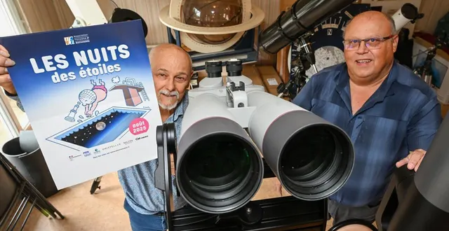 photo  saint-barthélemy-d’anjou, le 30 juillet 2025. les membres de ciel d’anjou, ici andré ségrettin et patrick rioche, accompagneront le public dans l’observation du ciel samedi soir 2 août sur l’esplanade ethic étapes du lac de maine.  &copy;  co - laurent combet 