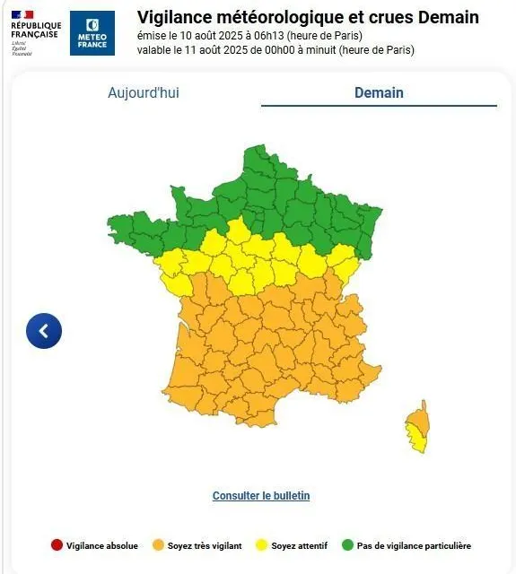photo le maine-et-loire sera en vigilance jaune canicule à partir de ce lundi 11 août 2025.  ©  capture d’écran : météo france