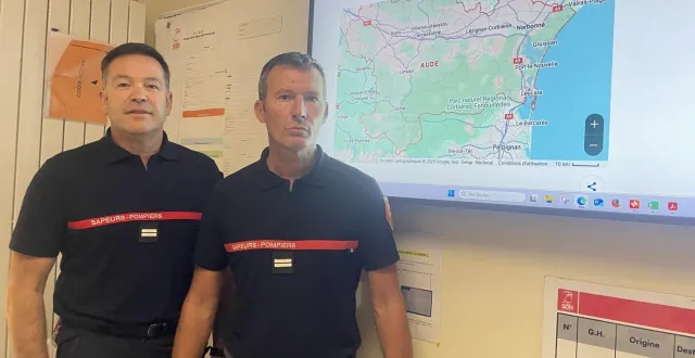 photo  sébastien delaquaize, adjoint au chef de centre de traitement des alertes (cta) du sdis 14 (service départemental d’incendie et de secours du calvados), et laurent girard, chef du centre de secours de ouistreham, témoignent de leur semaine dans l’aude où ils ont aidé leurs collègues.  &copy;  ouest france 