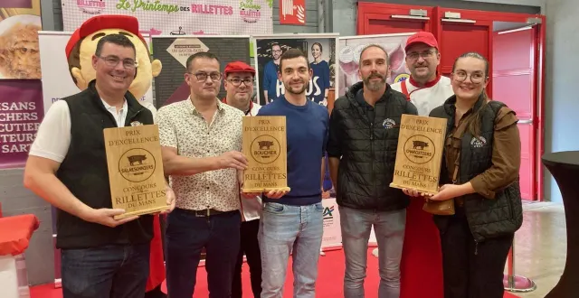 photo  les trois prix d’excellence : charcuterie cosme (frédéric lalande, le mans), sébastien freteau et morgan bouillon (parcé-sur-sarthe), et laurent berthier et sa fille à chantenay-villedieu.  &copy;  le maine libre 