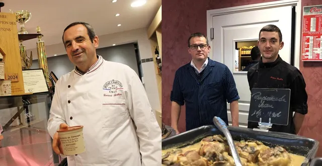 photo  laurent berthier, le charcutier de chantenay-villedieu (à gauche), et les bouchers associés de parcé-sur-sarthe sébastien fréteau et morgan bouillon (à droite) ont brillé au concours des rillettes de la foire du mans.  &copy;  ouest-france 