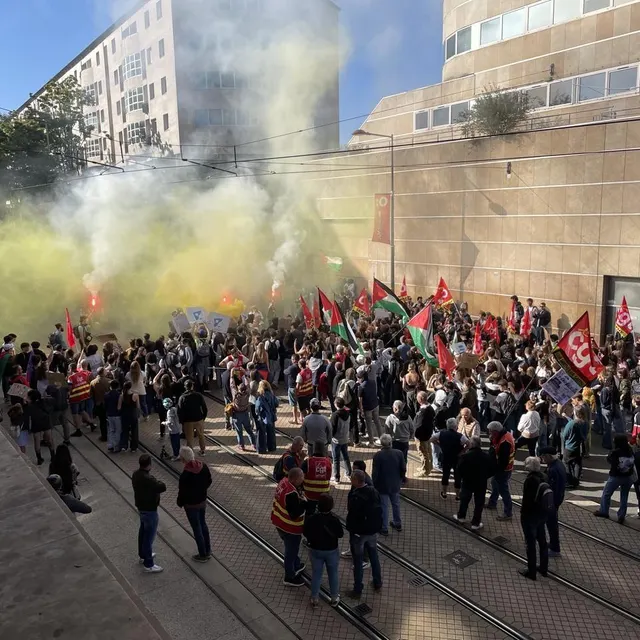 photo le cortège, ici brandissant des drapeaux palestiniens, vu de la cité judiciaire au mans.  ©  ouest-france