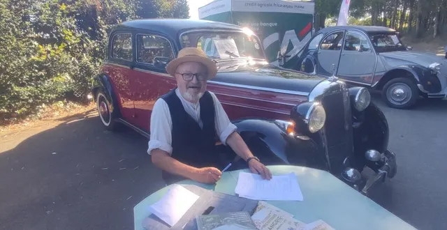 photo  alain robert avec sa belle mercedes, à la fête des battages, pour les inscriptions à l’exposition de véhicules anciens  &copy;  ouest-france 