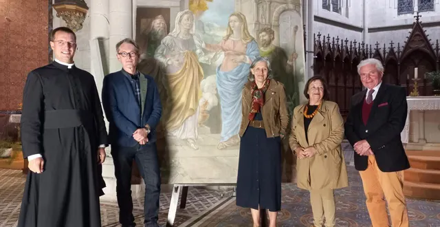 photo  de gauche à droite, les acteurs de cette conférence-exposition : l’abbé mathias jehl, thierry marquis, sophie de gourcy, geneviève charbonneau et michel de bourmont.  &copy;  co 