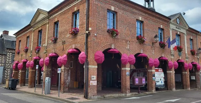 photo  des parapluies roses autour des halles de l’hôtel de ville de sap-en-auge (orne).  &copy;  ouest-france 