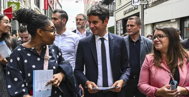 photo  le mans, 20 juin 2024. gabriel attal, alors premier ministre, venu en soutien de la députée julie delpech (à droite).  &copy;  archives le maine libre - denis lambert 