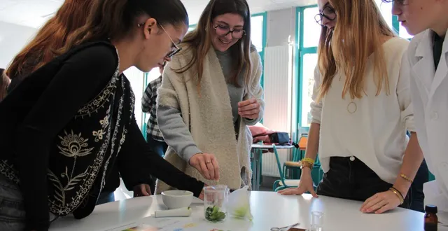 photo  des lycéens (à droite) expliquent aux collégiens de trun comment faire l’expérience sur la photosynthèse, en observant un macérat d’épinards à travers un spectromètre : pourquoi la chlorophylle est-elle verte ?  &copy;  ouest-france 
