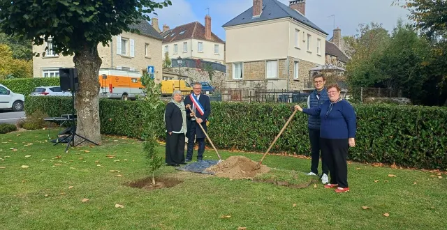 photo  dimanche 12 octobre 2025, place notre dame, marie-françoise frouel, conseillère départementale de l’orne, sébastien leroux, maire de la commune, andrée noël, présidente du comité d’animation et clément agostini, vice-président ont planté un chêne à l’occasion du 60e anniversaire de la fusion de putanges et de pont-ecrépin.  &copy;  ouest-france 