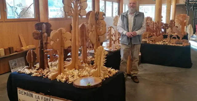 photo  paul corbineau, conteur sculpteur, au milieu de sa forêt d’arbres sculptés, qui sera exposée samedi et dimanche.  &copy;  carnuta 