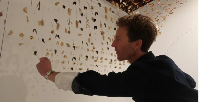 photo  l’artiste plasticien justin palermo, en pleine installation de l’une de ses œuvres végétales au musée joseph-denais.  &copy;  co – agathe le nueff 