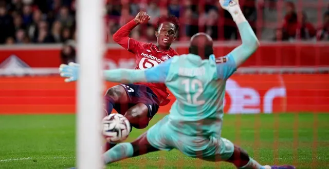 photo  felix correia trompe hervé koffi et ouvre le score pour le losc.  &copy;  afp 