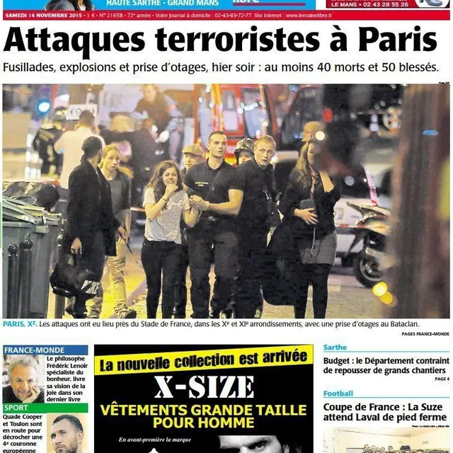 photo la une du samedi 14 novembre 2015.  ©  photo archives le maine libre