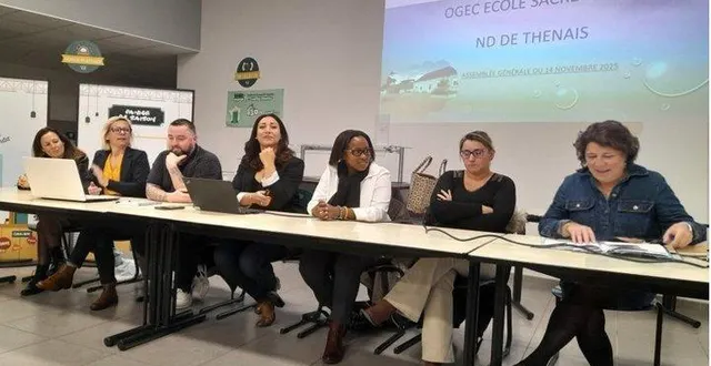 photo  régine goudet (à droite), damien franqueville pour l’apel et marian mercier pour l’ogec (3e et 4e à gauche) ont dressé un bilan très positif de leur action en termes d’éducation et animation pédagogique, de gestion économique et sociale et d’animations extrascolaires.  &copy;  co 