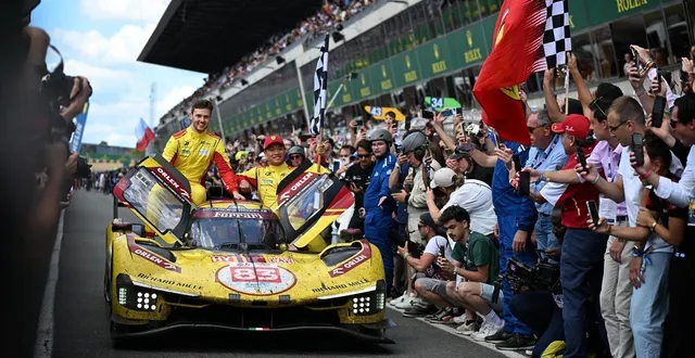 photo  la ferrari n°83 de robert kubica, yifei ye (à droite dans la voiture) et philip hanson a remporté les 24 heures du mans 2025. depuis, pour le pilote chinois, la vie est bien différente.  &copy;  marc ollivier/ouest-france 