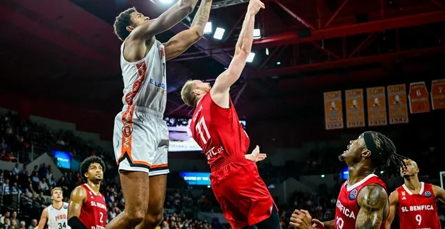 photo  le pivot manceau jonathan jeanne (en blanc) contre le benfica, le 21 octobre 2025 à antarès, lors de la 3e journée de ligue des champions.  &copy;  photo : le maine libre - yvon loué 