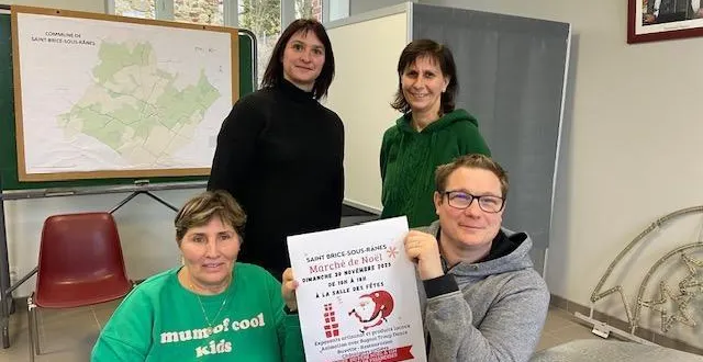 photo  de gauche à droite : au premier plan, malika perret conseillère municipale, organisatrice du marché de noël, et emmanuel pottier, président du comité des fêtes. debout : catherine petit, adjointe, et katia guillochin, maire de saint-brice-sous-rânes (orne).  &copy;  mairie de saint-brice-sous-rânes 