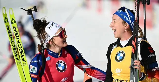 photo  la française lou jeanmonno et l’allemande franziska preuss s’étaient livrées une belle bataille pour le gros globe de cristal en 2024-2025.  &copy;  marco bertorello / afp 