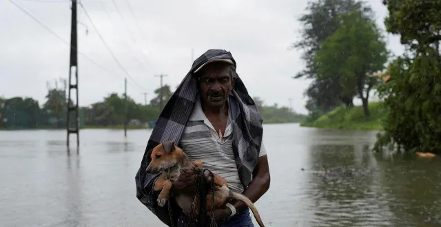 photo  un homme portant un chien marche dans une rue inondée après de fortes pluies à wellampitiya, au sri lanka, le 28 novembre 2025.  &copy;  reuters/thilina kaluthotage     tpx images of the day 