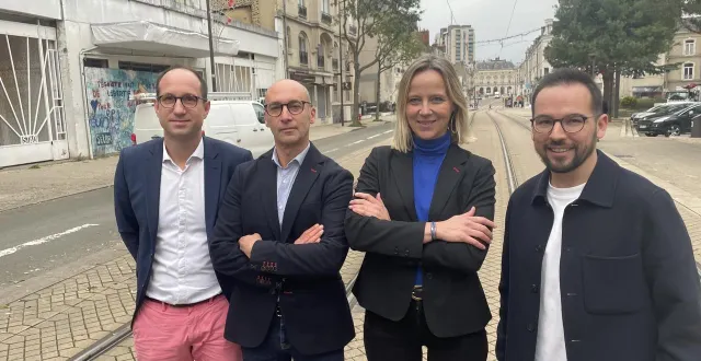 photo  olivier paquin (udi), benoît barret (lr), sophie gambiez (horizons) et clément coulon (lr), ont annoncé, ce lundi 1er décembre 2025, l’union de leurs différentes forces politiques de droite en vue des élections municipales au mans en mars 2026.  &copy;  ouest-france 