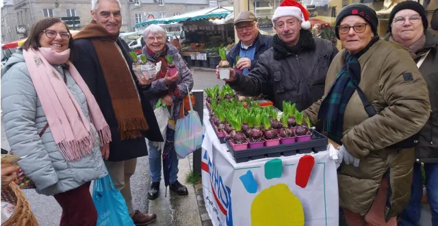 photo  la vente de jacinthes et gâteaux pour le téléthon a débuté au marché, jeudi. à droite, les bénévoles, martial serais, claude lefèvre, brigitte jeanne et béatrice lefèvre, et, à gauche, des clients. prochaines ventes : au marché, jeudi 4 décembre, vente de jacinthes et de gâteaux par les résidents de l’association anaïs ; et samedi 6 décembre, vente de jacinthes à intermarché et e.leclerc.  &copy;  ouest-france 