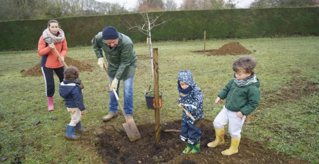 photo  quinze arbres fruitiers ont été plantés à l’arrière du lotissement de la prée, en l’honneur des naissances de 2024-2025 dans la commune.  &copy;  ouest-france 