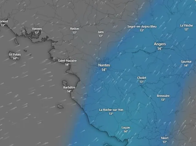 photo les prévisions de pluie mardi 9 décembre à 22 heures. les cumuls de pluie seront faibles.  ©  windy / ecmwf
