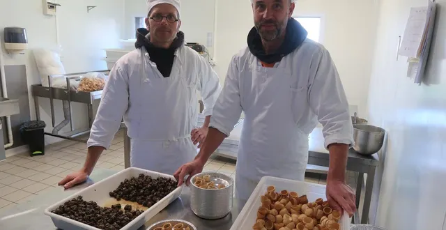 photo  cornillé-les-caves, le 4 décembre 2025. en décembre, raphaël poncet (à gauche) et son salarié arnaud le clerc préparent 25 000 escargots farcis par semaine.  &copy;  co – agathe le nueff 