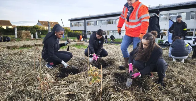photo  les classes se sont relayées pour planter les arbres, ici lexy, eléa, et sihem, trois élèves de la filière st2s.  &copy;  ouest-france 