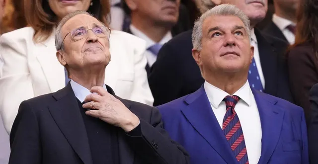 photo  joan laporta, président du fc barcelone ici à la gauche de florentino pérez, président du real madrid.  &copy;  josé breton / afp 