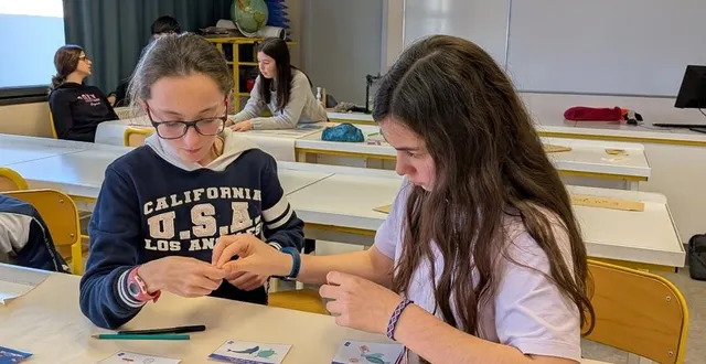photo  deux collégiennes positionnant des cartes pour constituer une « fresque de la pollution ».  &copy;  co 