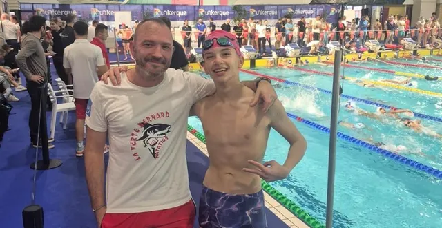 photo  guillaume desaintpol, 12 ans, n’a pas démérité lors des championnats de france à dunkerque avec son coach christophe foreau.  &copy;  vsf natation 