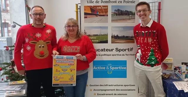 photo  jérôme tessier, animateur sportif ; marie-laure prod’homme, responsable du comité socio culturel, et adryen cauwet, alternant webdesigner lors de la présentation des défis sportifs du téléthon.  &copy;  ouest-france 