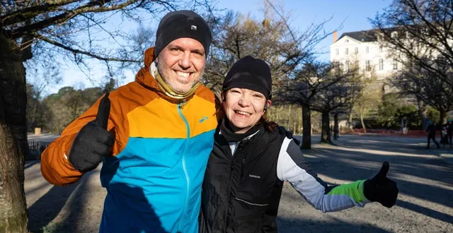 photo  angers, le 4 janvier 2026. olivier et carole pour un footing hivernal de plaisir sous le soleil.  &copy;  co – régine lemarchand 