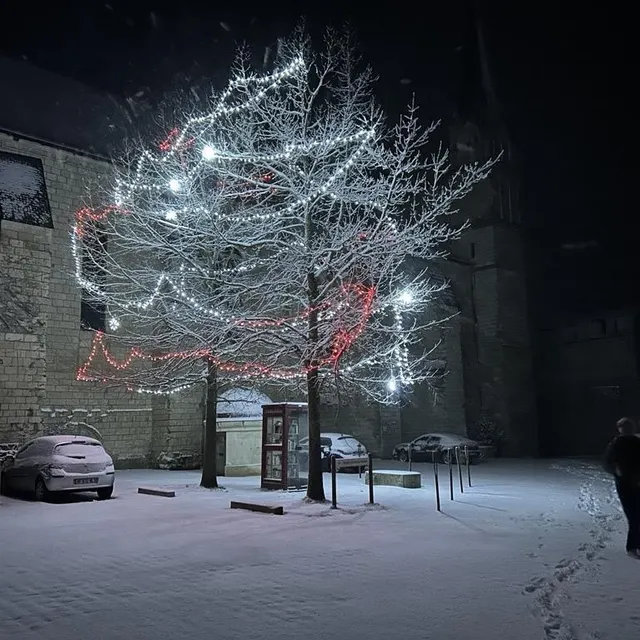 photo dans le bourg du puy-notre-dame dans le saumurois ludi soir, sous six centimètres de poudreuse.  ©  co - yvan georget