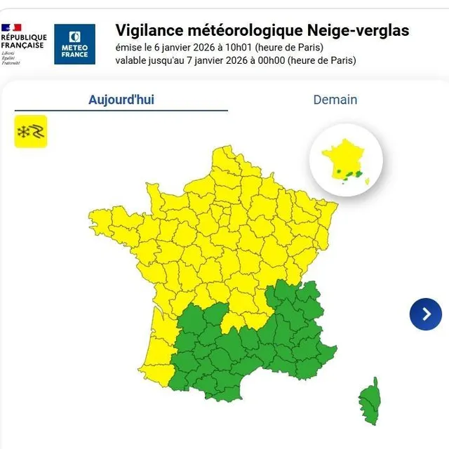 photo la nouvelle carte, publiée ce mardi 6 janvier à 10 h 30.  ©  météo france