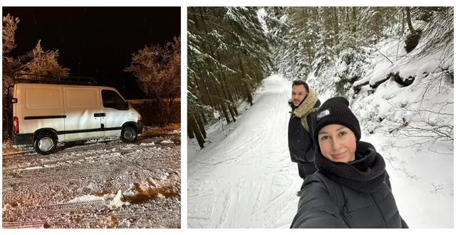 photo  le québecois olivier ménard et la bretonne laura kauffmann, pourtant habitués à la neige (ici à droite en république tchèque) se sont retrouvés bloqués lundi soir dans une côte à limerzel (photo de gauche).  &copy;  olivier ménard 