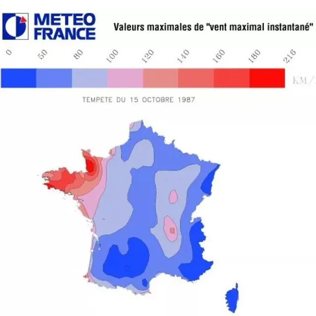 photo les valeurs maximales de « vent maximal instantané » relevées par météo france dans la nuit du 15 au 16 octobre 1987.  ©  capture d’écran météo france