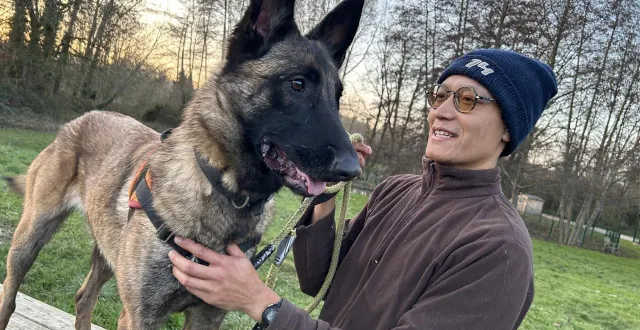 photo  avec longe et harnais, jarod va courir en compagnie de vénus, une énergique et affectueuse femelle berger malinois.  &copy;  ouest-france 