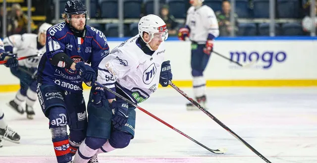 photo  cédric di dio balsamo (à gauche), l’un des attaquants des ducs d’angers qui ont subi la loi du kg mogo.  &copy;  iihf - joshua day 