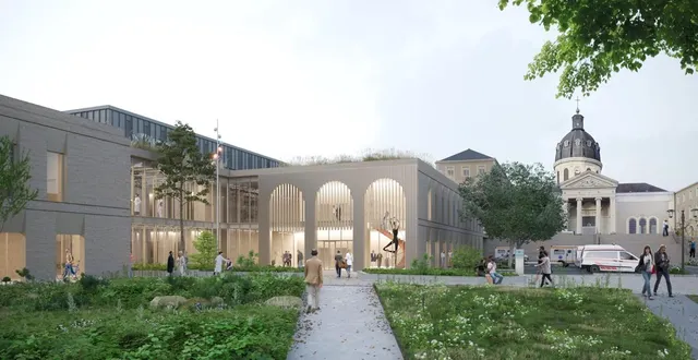 photo  l’entrée du public dans le futur bâtiment des urgences sera face à un « jardin de tilleuls ». la façade sera revêtue d’une « peau minérale percée de trois arcades » pour rappeler les bâtiments historiques de l’hôtel-dieu qui ont été rasés.  &copy;  aia life designers / airstudio (charles wallon) 